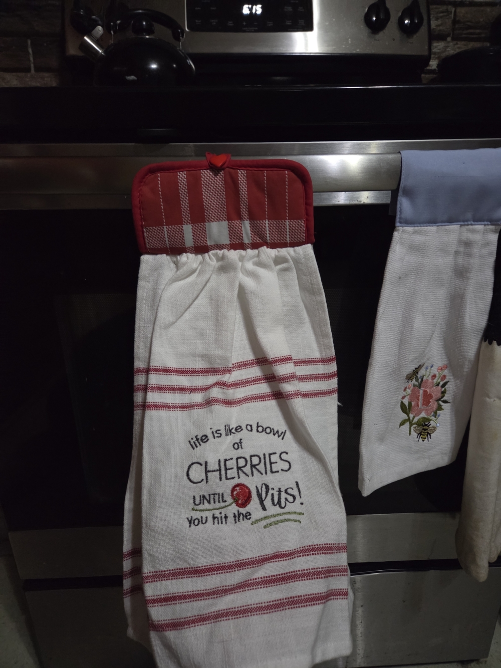 Kitchen Hanging Towel with Red Trim and Cherry Design Handmade